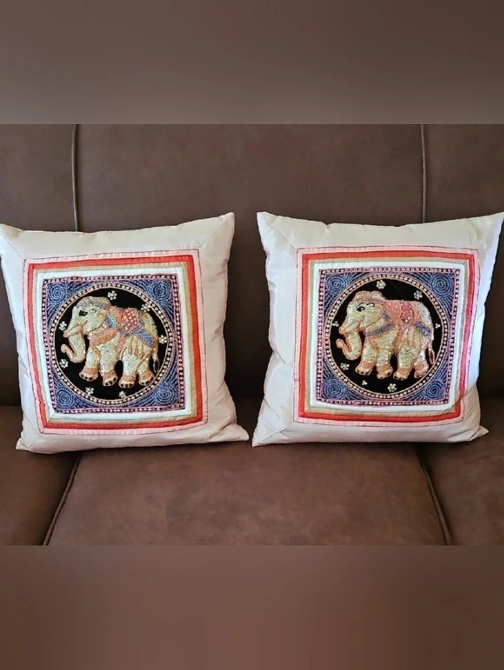 Throw Pillow Cover Set Elegant Thai Elephant Sequin Embroidered Set - 1980's